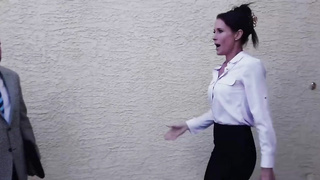 Slender brown-haired in glamour, black tights is getting drilled from the back, after blowing man-meat