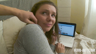 Adorable taut donk dark-haired teenager explores then gets interrupted and tempted to have fuck-fest