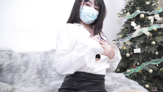 Nymph in leather micro-skirt sitting on stud,rocking up and down with giant culo