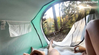 Suntanned, unexperienced honey is getting boned from the back, in the tent, early in the morning