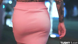 Inked towheaded cutie is porking a random dude in front of the camera, late at night