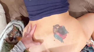 Meaty bootie honey with a tat is getting boned in a rear end- fashion stance and loving it