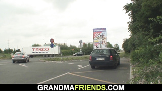 Smoothly-Shaven cooter platinum-blonde grannie dual porked for money