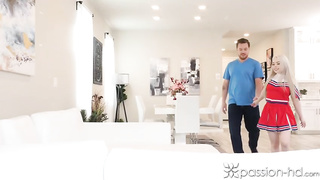 Towheaded cheerleader is squealing from sensation while getting romped from the back, after blowing knob