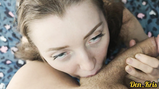 nice lady vigorously fellates man sausage and ballsack to get a dose of juicy super-hot man juice on her face