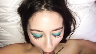 Red-Hot, nubile brown-haired is mildly fellating her paramour's rock stiff wood, in front of the camera