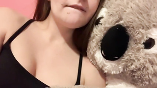 Excellent looking teenager brown-haired with a cute, plump bum is penetrating a plushie and yelling while spunking