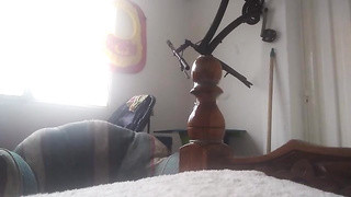 Obese dame puts a rubber on the horn corner of her sofa and plows it