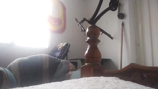 Obese dame puts a rubber on the horn corner of her sofa and plows it