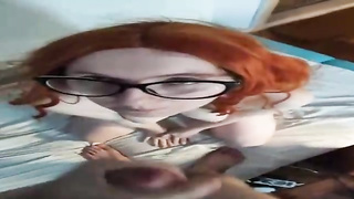 Ginger salami cocksucker is dressed in glasses while doing it and hoping to get a large facial cumshot jizz shot