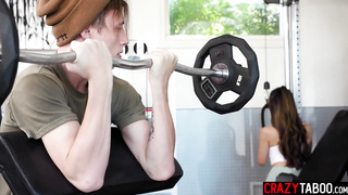 Diminutive Chinese stepsis Alexia Anders throating stepbrothers hefty spear in the gym