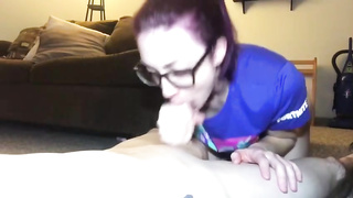 Nerdy teenage with giant glasses is highly active blowing her finest mate's manhood, late at night