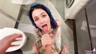 Blue- haired lady with petite cupcakes and tats luvs to have buttfuck fuck-fest in the bathroom