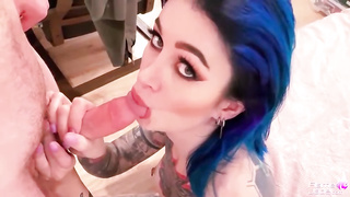 Inked female with blue hair is constantly deep-throating knobs after the first-ever encounter and luving it