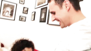 Trampy dark haired gave a deep blow-job to a junior dude before they had fuckfest on the bed