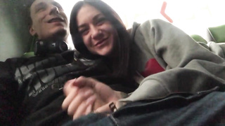 Trampy first-timer dark-haired is having a pile of joy while pawing a firm cock and getting penetrated