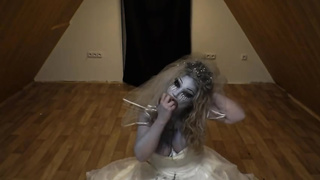 Platinum-Blonde stunner is fellating a enormous, faux jizz-shotgun while clad up in a Halloween zombi- bride costume