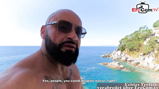 Big-Titted dark-haired is porking a shaved fellow next to the swimming pool and screaming while spunking