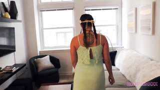 Obese dark haired, Raye is blowing her neighbor's firm prick and getting nailed firm from the back