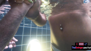 Unexperienced teenie duo sizzling orgy in the pool She is Chinese he is Euro