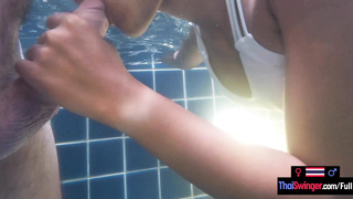 Unexperienced teenie duo sizzling orgy in the pool She is Chinese he is Euro