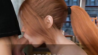 Crimson haired female is anxiously gargling her paramour's manmeat as deep as she can, while getting down on all fours