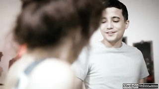 Mature brown-haired is having nasty bang-out with her step- stepson and one of his pals