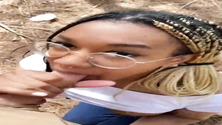 Nerdy Ebony honey is dressed in glasses while deep-throating a rock rigid man-meat and getting poked from behind