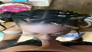 Frolic Ebony nymph with glasses is about to get jizm on face after throating a white manhood