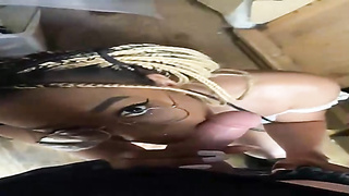 Frolic Ebony nymph with glasses is about to get jizm on face after throating a white manhood