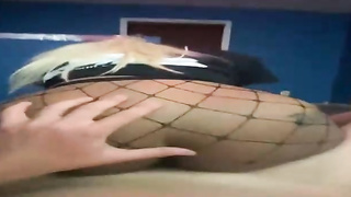 Huge bum, Ebony honey in black, fishnet stocking is about to deep-throat and rail manhood