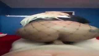 Huge bum, Ebony honey in black, fishnet stocking is about to deep-throat and rail manhood