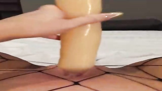 Insane female is dressed in black fishnets while frolicking her soddening raw muff with a enormous dldo