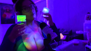 Big-Chested black-haired is posing and taunting in front of the camera in the middle of the night