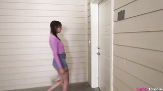 Nerdy teenager brown-haired is dressed in glasses while getting romped and squealing from enjoyment while jizzing