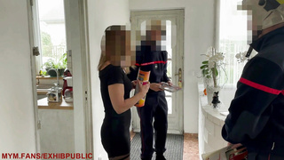 the firefighters sell their calendars, I flash off in front of them and they jism