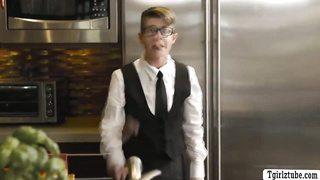 Magnificent t-girl gobbles and plows the cooch of bony waitress