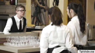 Magnificent t-girl gobbles and plows the cooch of bony waitress