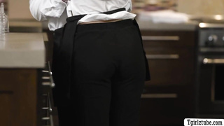 Magnificent t-girl gobbles and plows the cooch of bony waitress