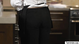 Big-Chested tranny pummels the bony waitress (Khloe Kay)