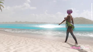 Big tits babe masturbating while futa babes fucking on the beach in a 3D Animation