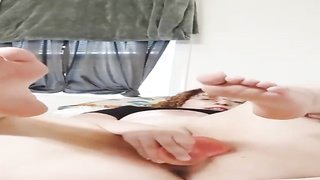 Lush stunner with thick jugs is jerking in front of the camera, in the late afternoon