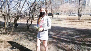 Mischievous stunner is dressed in a mask while ambling around the local park bottomless, during the day