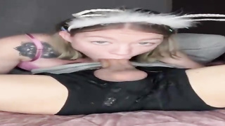 Blue saw towheaded with tats, Bunny Rabbit is impatiently fellating her paramour's rock stiff manhood