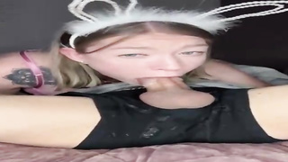 Blue saw towheaded with tats, Bunny Rabbit is impatiently fellating her paramour's rock stiff manhood