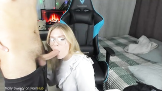 Russian light-haired with glasses is deepthroating a rock rock hard jizz-shotgun while getting down on all fours on the floor