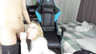 Russian light-haired with glasses is deepthroating a rock rock hard jizz-shotgun while getting down on all fours on the floor