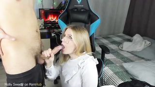 Russian light-haired with glasses is deepthroating a rock rock hard jizz-shotgun while getting down on all fours on the floor
