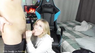 Russian light-haired with glasses is deepthroating a rock rock hard jizz-shotgun while getting down on all fours on the floor
