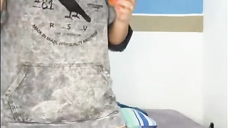 Plump brown-haired is using a large fuck-fest fucktoy while jerking in front of the camera